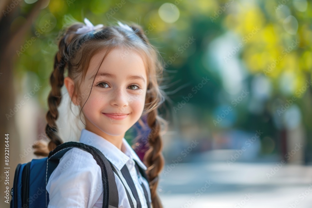 A young girl wearing a backpack, possibly preparing for an adventure or school A young girl wearing a backpack, possibly preparing for an adventure or school