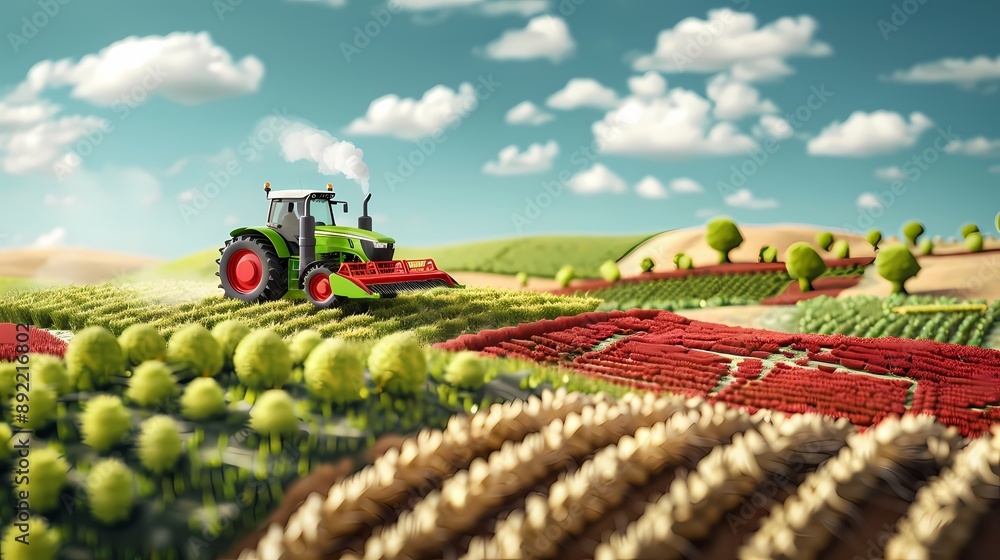 Obraz premium A tractor in a stylized, vibrant field with rolling hills