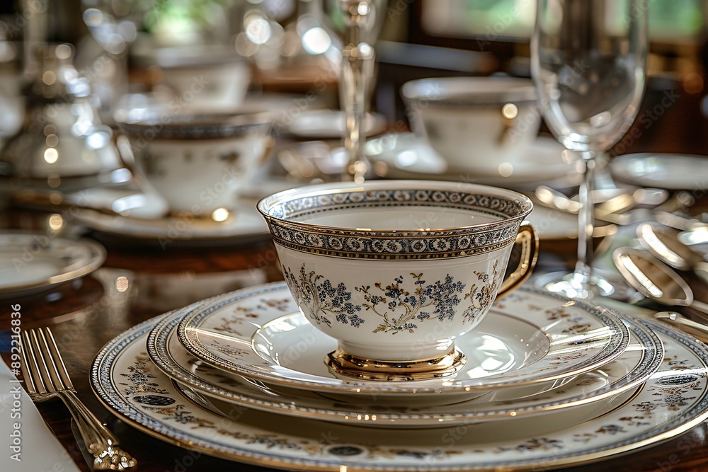 Elegant dining setting with ornate china tea cup, plates, and crystal glasses. Elegant dining setting with ornate china tea cup, plates, and crystal glasses.