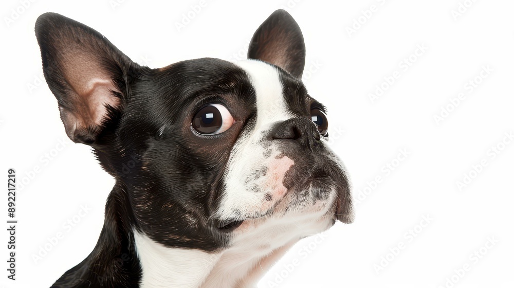 Fierce Boston Terrier dog displaying anger on a white background. Fierce Boston Terrier dog displaying anger on a white background.