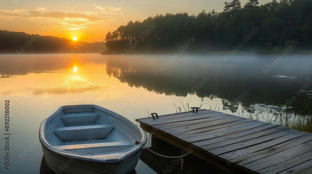 Rowboat tied to a dock on a peaceful lake at sunrise Rowboat tied to a dock on a peaceful lake at sunrise