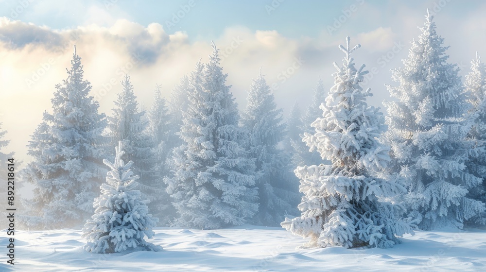 A snowy forest scene with evergreen trees dusted with snow. A snowy forest scene with evergreen trees dusted with snow.