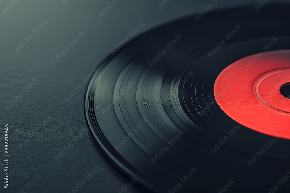 A close-up of a black vinyl record with a red disc, ideal for music-related uses A close-up of a black vinyl record with a red disc, ideal for music-related uses