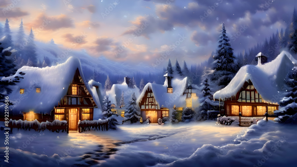 Fototapeta premium a-cozy-village-scene-with-snowflakes