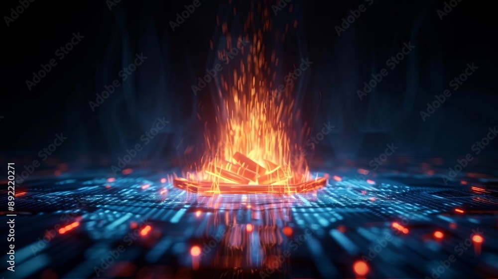 A mesmerizing digital artwork depicting a vibrant fire phenomenon on a glowing circuit board. A mesmerizing digital artwork depicting a vibrant fire phenomenon on a glowing circuit board.