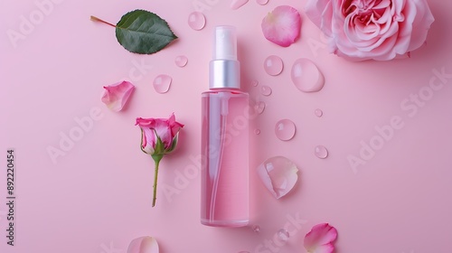 Skin tonic lotion or micellar water and small rose flower on a pastel pink background