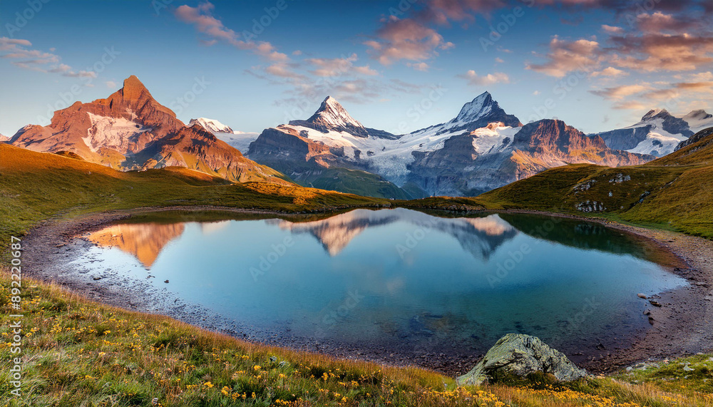 Fototapeta premium Fantastic evening panorama of lake Switzerland. Beauty of nature concept background