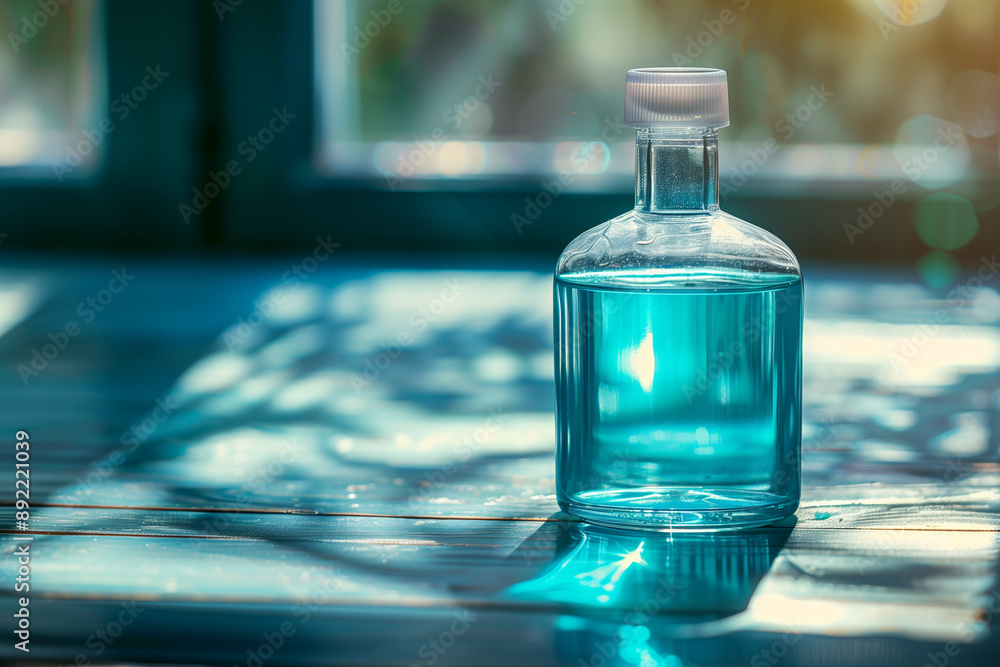 Bottle of mouthwash with no label tooth and glass on wooden table on bathroom background, a big copy space blue colors Bottle of mouthwash with no label tooth and glass on wooden table on bathroom background, a big copy space blue colors
