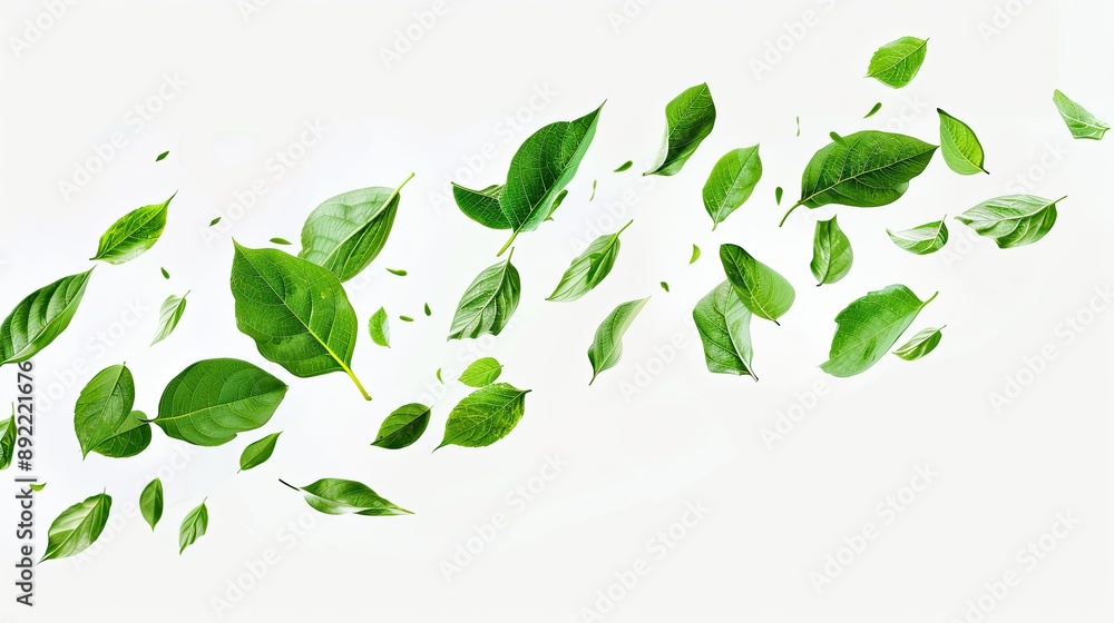 Flying green leaves isolated on white background. Flying green leaves isolated on white background.