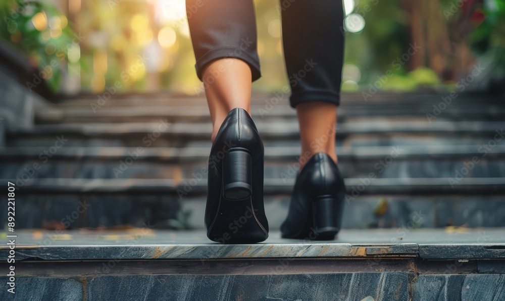 Naklejka premium Businesswoman's feet in heels walking up a staircase. Free copy space for banner.