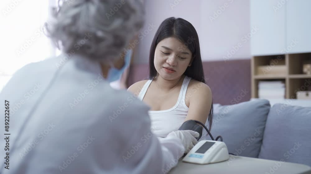 A portrait of happy Asian pregnant woman checkup with a doctor in bedroom at home. Having a baby. Family people lifestyle. Mom love. A portrait of happy Asian pregnant woman checkup with a doctor in bedroom at home. Having a baby. Family people lifestyle. Mom love.