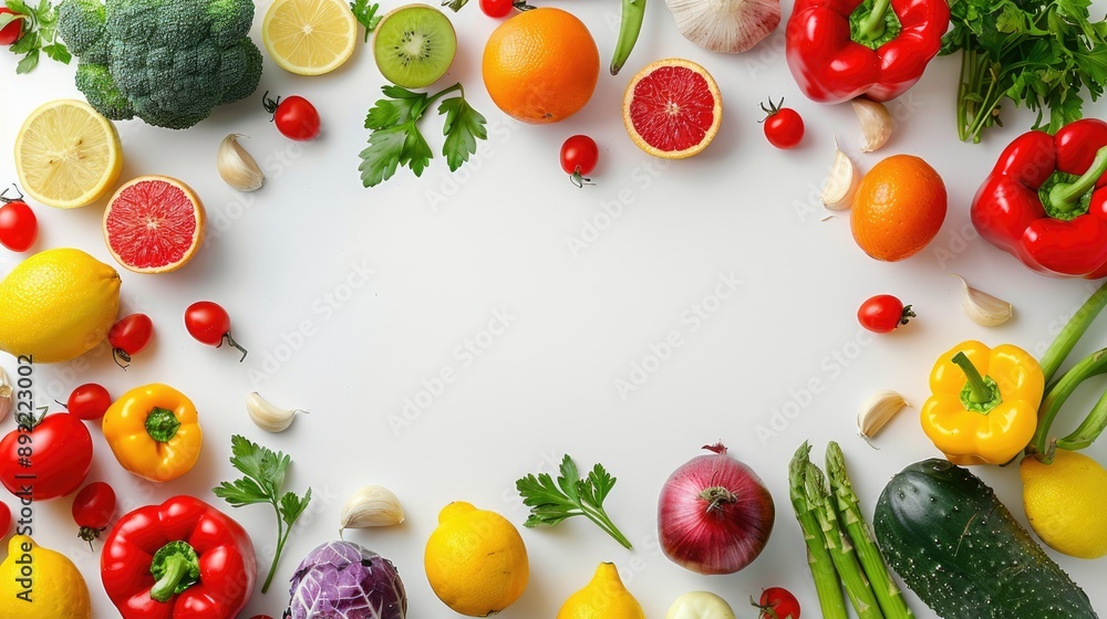 Frame with different fruits and vegetables isolated on white background. Copy space, top view Frame with different fruits and vegetables isolated on white background. Copy space, top view