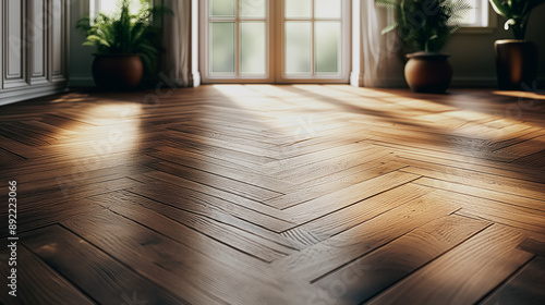 Herringbone pattern parquet floor, pearl oak wooden background, sophisticated and classic design.