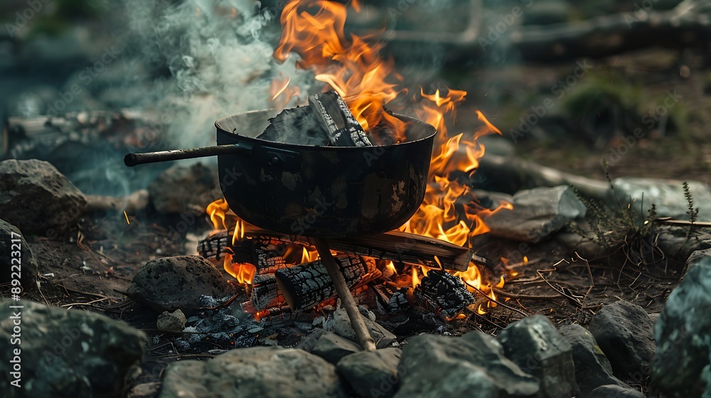 Spring camping cooking over a bonfire in a boiling pot Spring camping cooking over a bonfire in a boiling pot