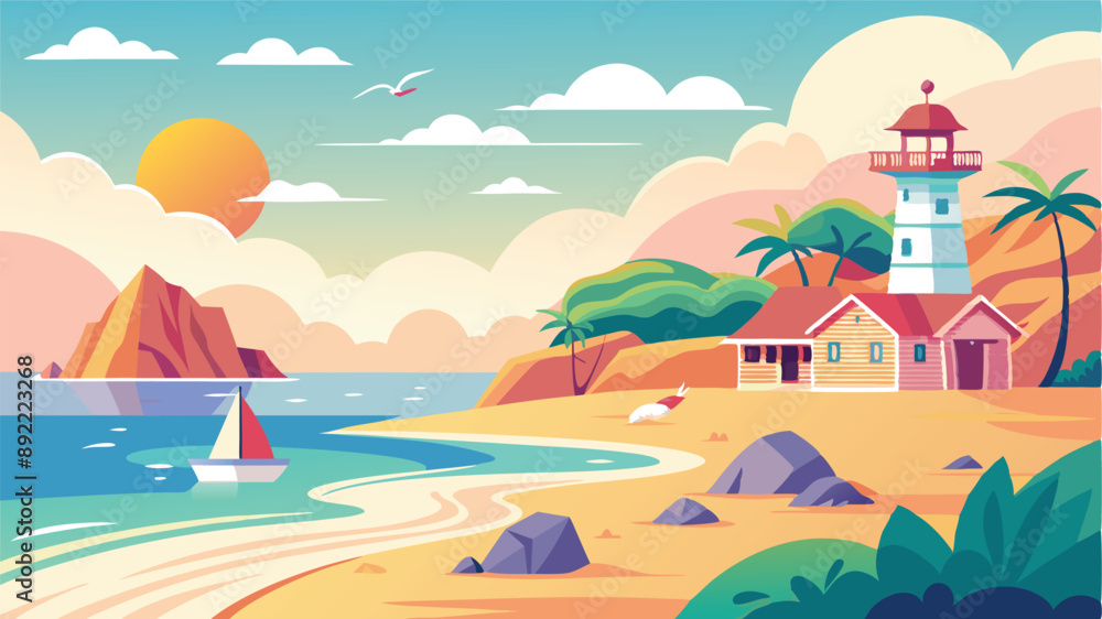 Peaceful Vector Illustration of a Coastal Scene with Sandy Beaches, Gentle Waves, and Pastel Colors Peaceful Vector Illustration of a Coastal Scene with Sandy Beaches, Gentle Waves, and Pastel Colors