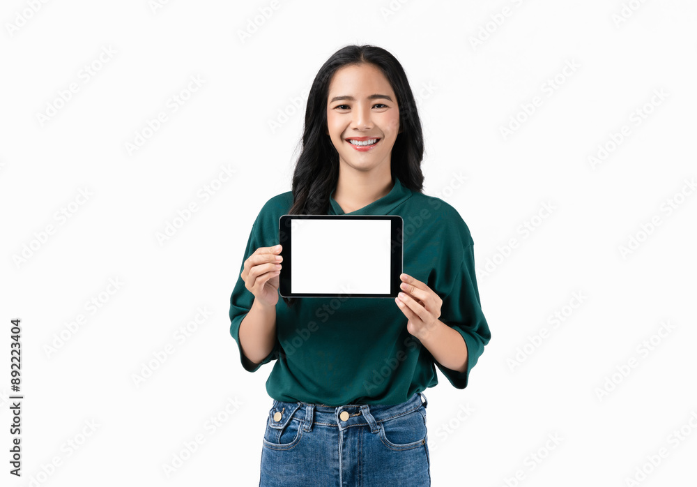 Studio shot of Beautiful Asian woman holding digital tablet mockup of blank screen and smiling on white background. Studio shot of Beautiful Asian woman holding digital tablet mockup of blank screen and smiling on white background.