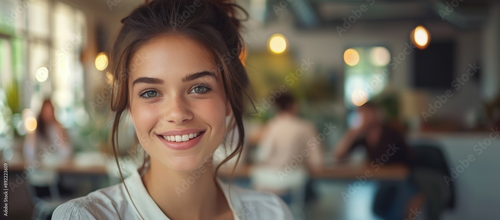 Editorial eye level waist-up shot of a happy business woman in her office with people working behind Editorial eye level waist-up shot of a happy business woman in her office with people working behind