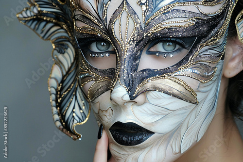 Ethereal Masked Figure With Floral Embellishments: Perfect For Fantasy-Themed Events, Masquerade Promotions, Or Artistic Editorials photo