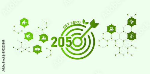 Net zero greenhouse gas emissions by 2050, carbon neutral, net zero greenhouse gas emissions target, long-term climate neutral strategy with white icons