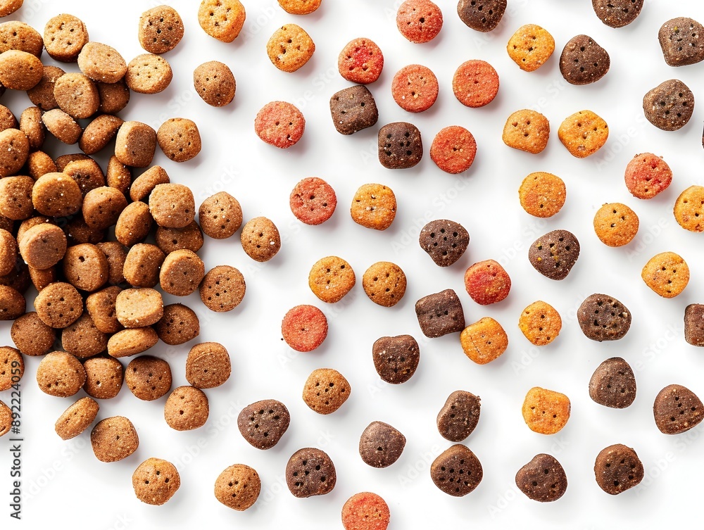 Obraz premium Crisp Close up of Assorted Dry Dog Food Kibble Pieces Scattered on White Background