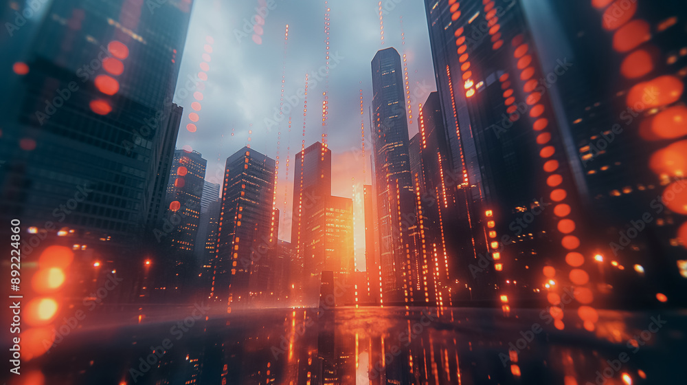 Fototapeta premium Skyscrapers in a city with superimposed financial charts, symbolizing real estate and investment opportunities, futuristic finance concept.