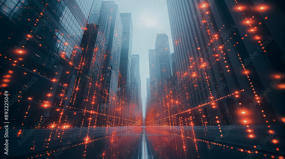 Fototapeta premium Financial charts overlaying city skyscrapers, illustrating real estate and investing themes in a modern urban environment.