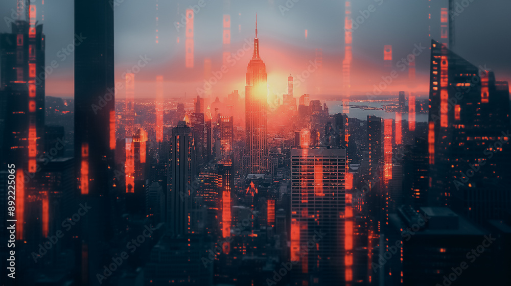 Fototapeta premium Financial charts overlaying city skyscrapers, illustrating real estate and investing themes in a modern urban environment.