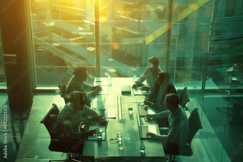 Group of people working together at a table with laptops, ideal for business or corporate use Group of people working together at a table with laptops, ideal for business or corporate use