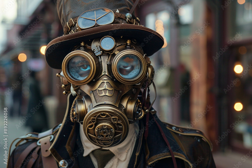 Steampunk Cosplayer In Elaborate Mask And Hat At Convention: Perfect For Fantasy Event Promotions Or Sci-Fi Magazines Steampunk Cosplayer In Elaborate Mask And Hat At Convention: Perfect For Fantasy Event Promotions Or Sci-Fi Magazines