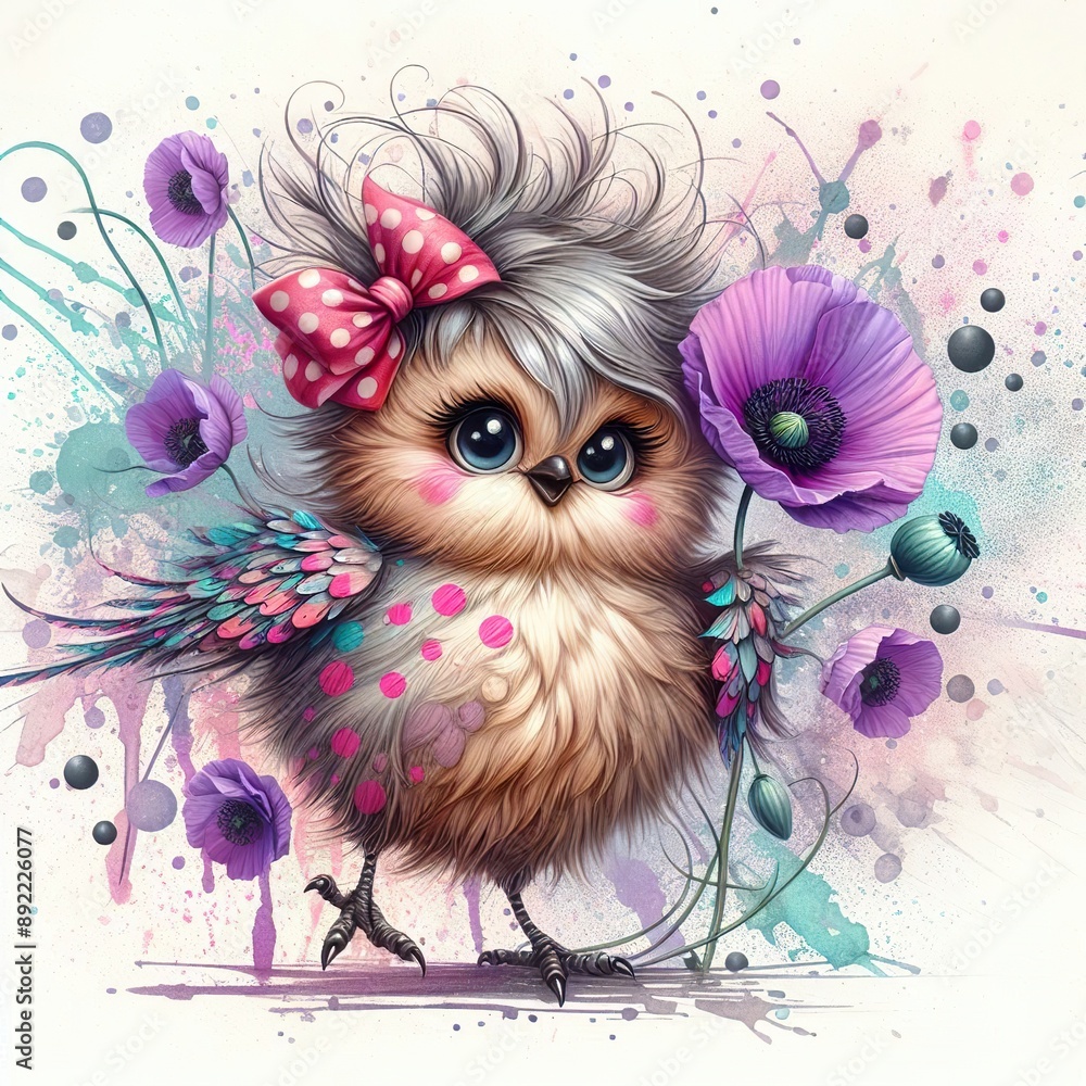 Obraz premium Cute Cartoon Bird with Pink Bow and violet Poppy