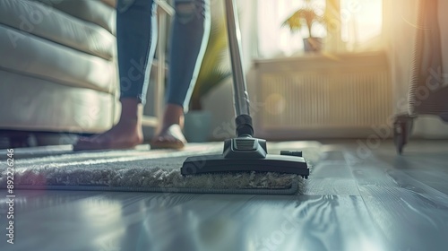 Wallpaper Mural Housework and housekeeping concept. Woman vacuuming laminate floor with thick pile Torontodigital.ca