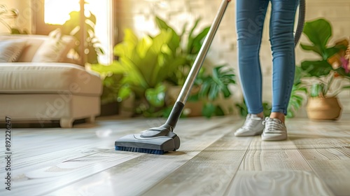 Wallpaper Mural Housework and housekeeping concept. Woman vacuuming laminate floor with thick pile Torontodigital.ca