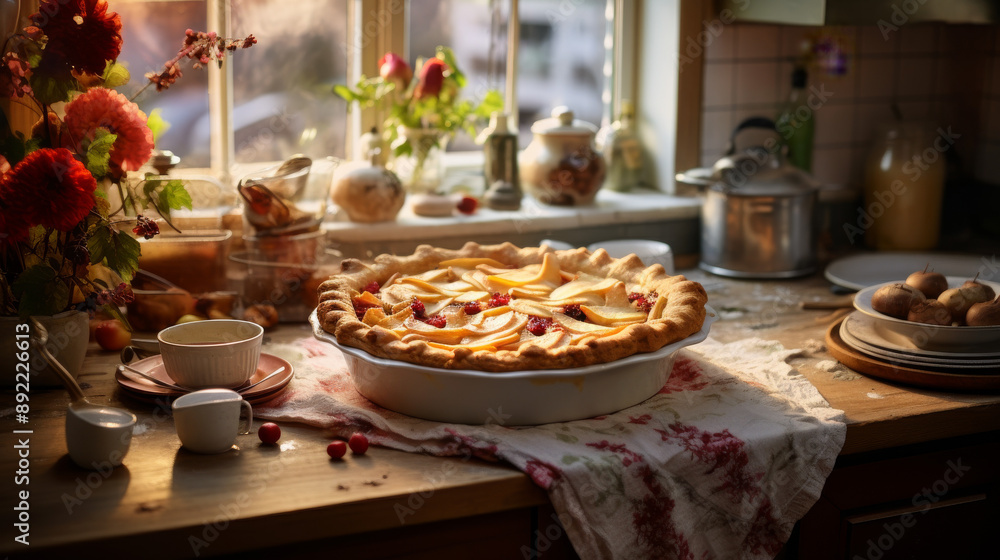 Fototapeta premium Warm Apple Pie in Sweet Kitchen Ambiance