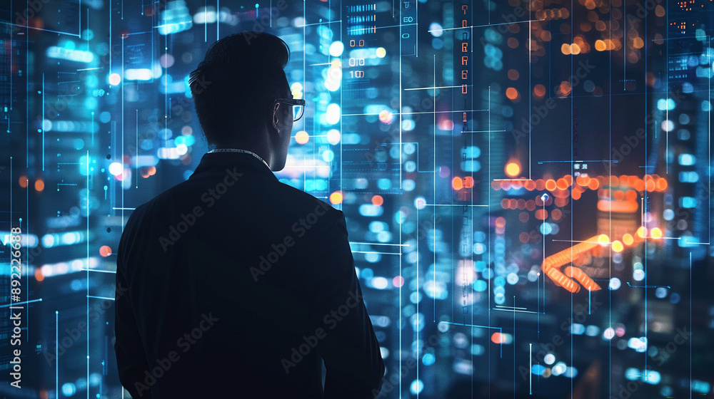 Businessman using AI technology enables advanced data analysis capabilities Businessman using AI technology enables advanced data analysis capabilities