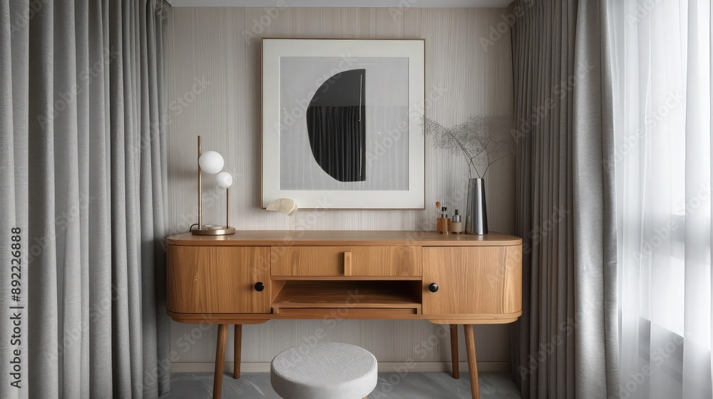 A minimalist yet glamorous dressing room featuring a mid-century modern vanity in natural wood, surrounded by soft gray wool curtains and a contemporary art piece in monochrome above the vanity.