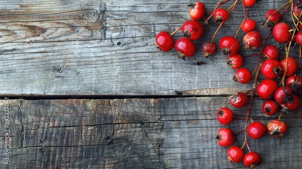 Hawthorn Berries on Wooden Surface Top View Hawthorn Berries on Wooden Surface Top View