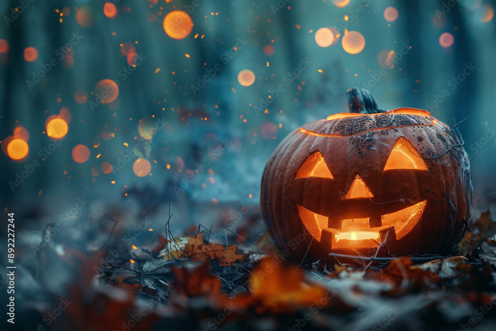 Illuminated Halloween Jack-O'-Lanterns: Festive Outdoor Scene With Carved Pumpkins For Holiday Marketing And Seasonal Decor Illuminated Halloween Jack-O'-Lanterns: Festive Outdoor Scene With Carved Pumpkins For Holiday Marketing And Seasonal Decor