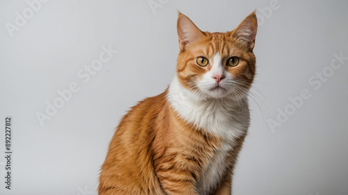 A ginger cat with a white chest sits against a plain white background, staring forward. Cuteness overload.