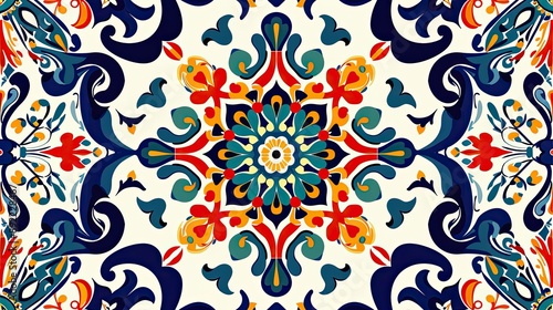 Italian ceramic tile pattern. Mediterranean porcelain pottery. Ethnic folk ornament. Mexican talavera  portuguese azulejo  spanish majolica  arabesque motif. Vector illustration