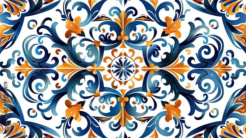 Italian ceramic tile pattern. Mediterranean porcelain pottery. Ethnic folk ornament. Mexican talavera  portuguese azulejo  spanish majolica  arabesque motif. Vector illustration