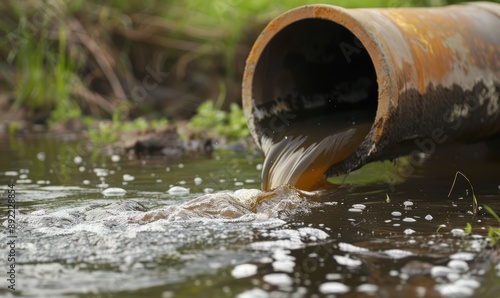 Polluted water flowing from a sewage pipe into a canal.