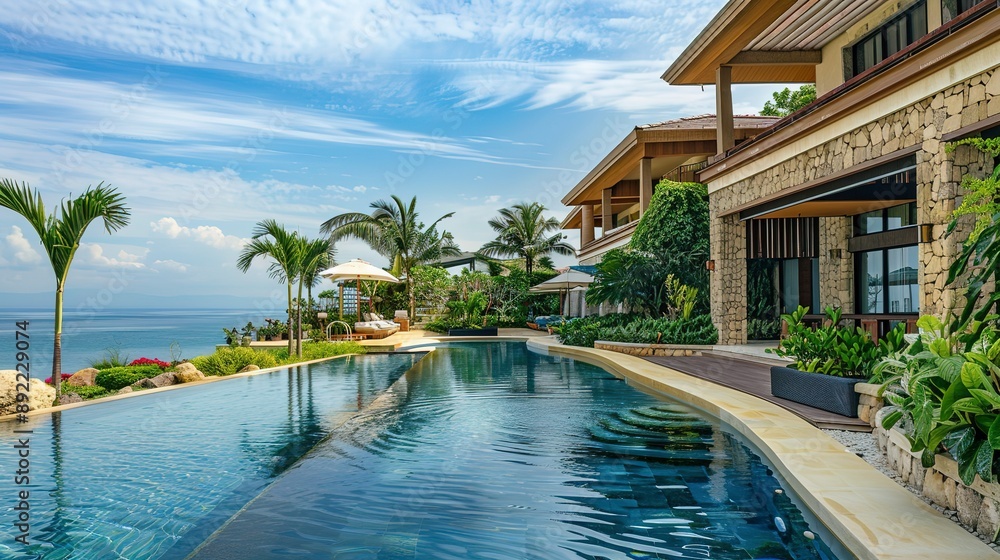 Fototapeta premium Relax in luxury at a seaside resort, with a stunning pool, expansive ocean view, and lush plants surrounding the elegant building 