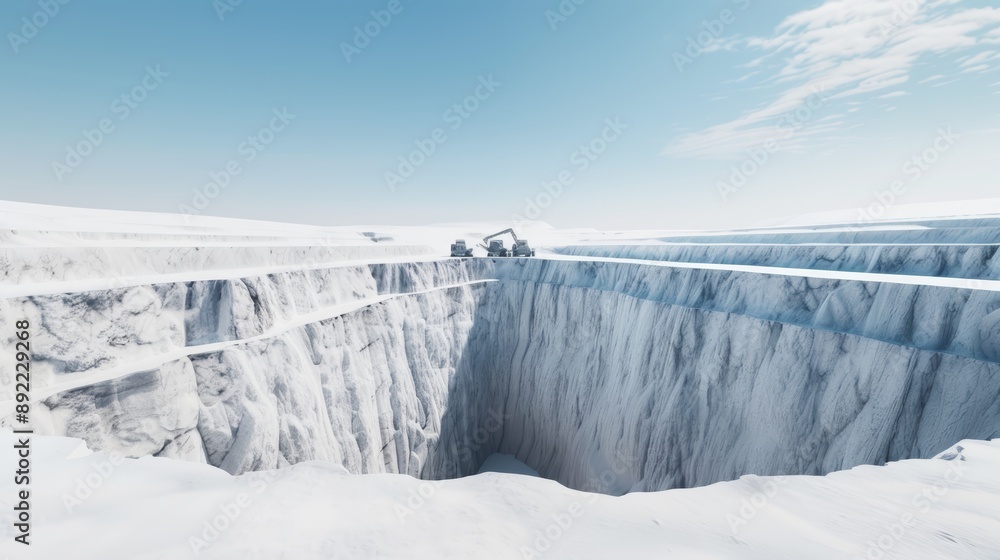 Obraz premium A large, open-pit mine with heavy machinery extracting minerals, under a clear blue sky, high-resolution photo, realistic photo, cinematography, hyper realistic