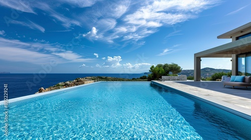 Luxurious seaside villa with large swimming pool overlooking a scenic coastal landscape. 