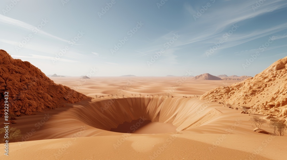 Fototapeta premium A panoramic view of a desert mining operation with dunes and sparse vegetation, high-resolution photo, realistic photo, cinematography, hyper realistic
