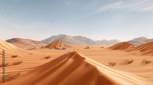 A panoramic view of a desert mining operation with dunes and sparse vegetation, high-resolution photo, realistic photo, cinematography, hyper realistic