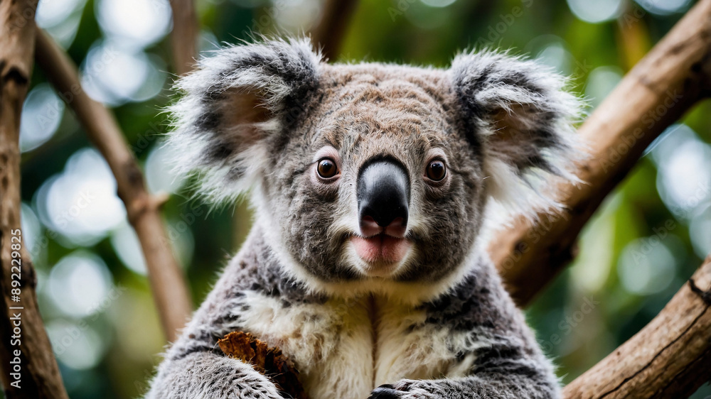 Obraz premium Image of a cute koala bear perched on a tree branch with greenery in the background.