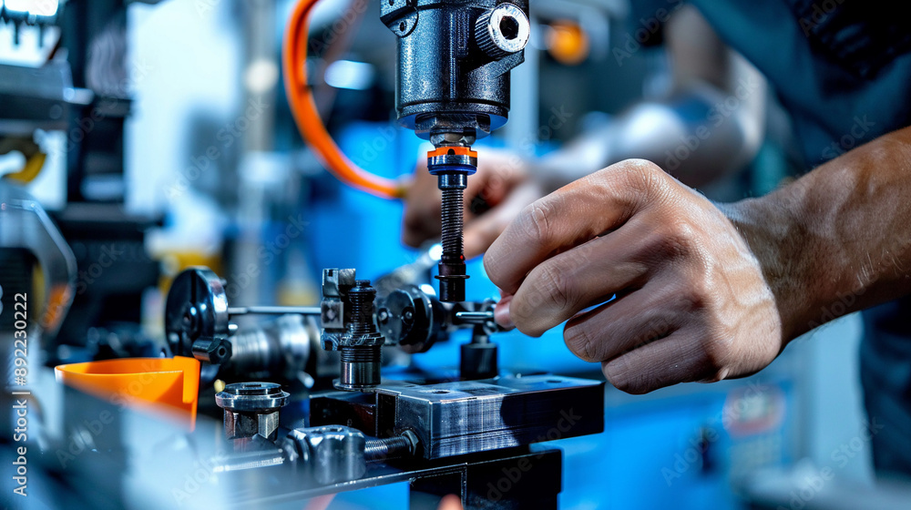 The engineer is calibrating the torque settings on assembly tools. The engineer is calibrating the torque settings on assembly tools.