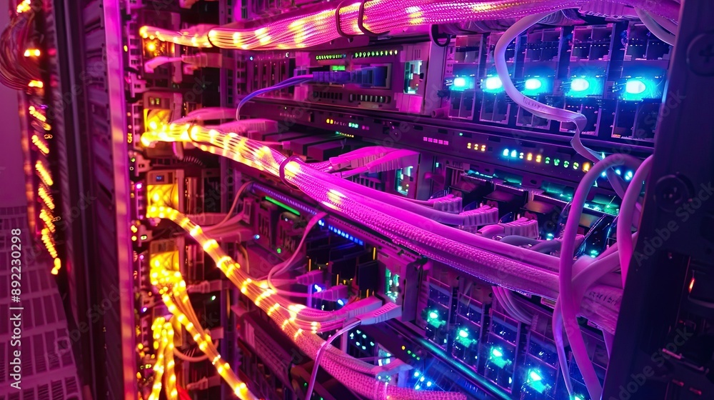 Network cable system in network rack have beautiful lighting Network cable system in network rack have beautiful lighting