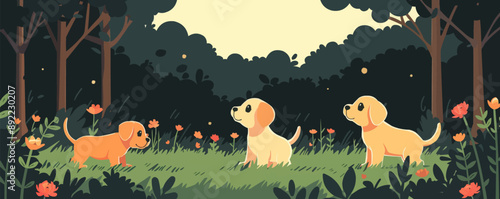 Puppies playing in a park Vector flat minimalistic isolated illustration